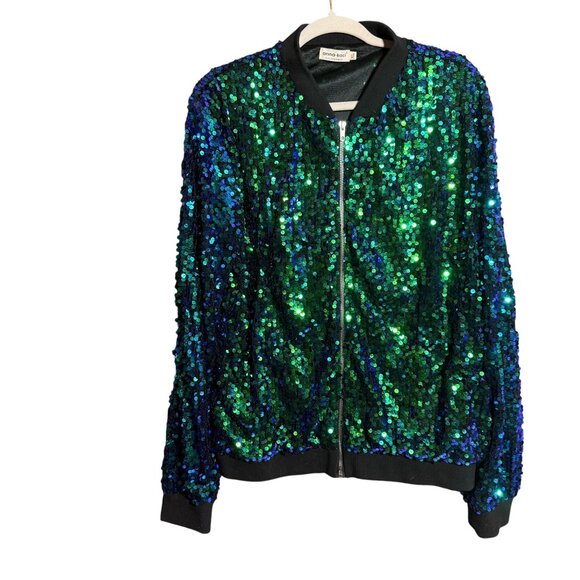 Anna-Kaci Sparkle Sequin Bomber Full Zip Jacket Women's Size XL Green Blue - Picture 2 of 7